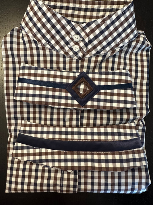 Boo Yah Hunt Shirt with Thick Navy Stripe and Navy/Brown Open Diamond Collars - Size 36