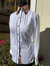 Load image into Gallery viewer, HouseWear Tailored Collection White Sheer Sleeve Blouse with Multi-Color Accents - M/L
